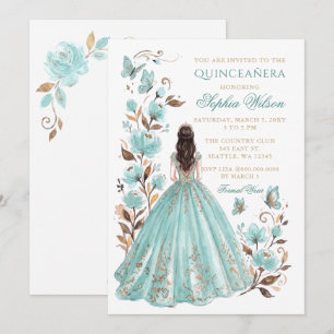 Invitación Teal Gold Floral Princesa Mariposa Quinceañera