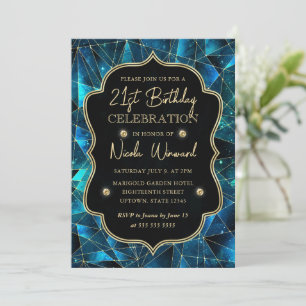 Invitación Teal & Gold Medianoche Cristal Galaxia 21 Cumpleañ