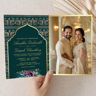 Invitación Teal Gold Patrón de Pavo Real Floral Boda India