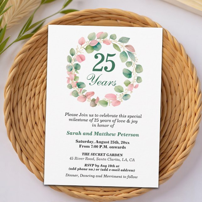 Invitación Teal Gold Pink Eucalyptus 25th Wedding Anniversary (Subido por el creador)