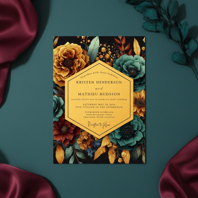 Invitación Teal Golden Floral Night Wedding (Subido por el creador)