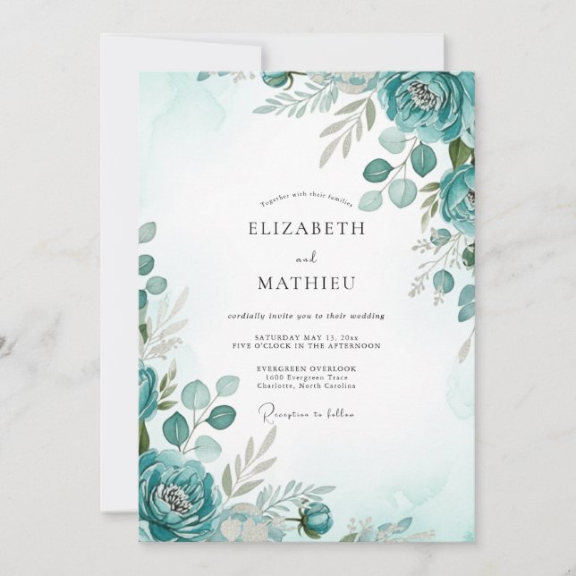 Invitación Teal Graceful Watercolor Wedding (Anverso)