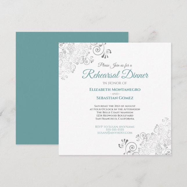 Invitación Teal & Gray Elegant Wedding Rehearsal Dinner (Anverso / Reverso)
