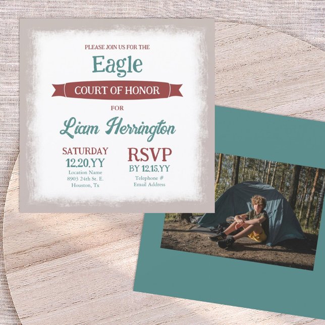 Invitación Teal Green, Burgundy Eagle Scout Court of Honor (teal green and burgundy red eagle scout court of honor party invitation with picture, banner ribbon)