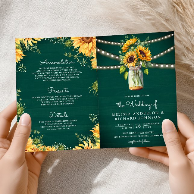 Invitación Teal Green Sunflowers Mason Jar QR Code Wedding (Subido por el creador)