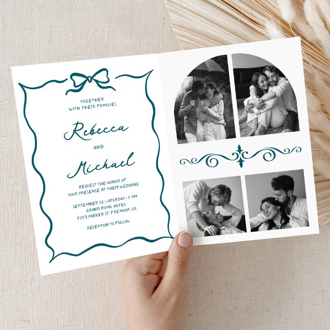 Invitación Teal Hand Drawn Bow QR Code Photo Wedding (Subido por el creador)