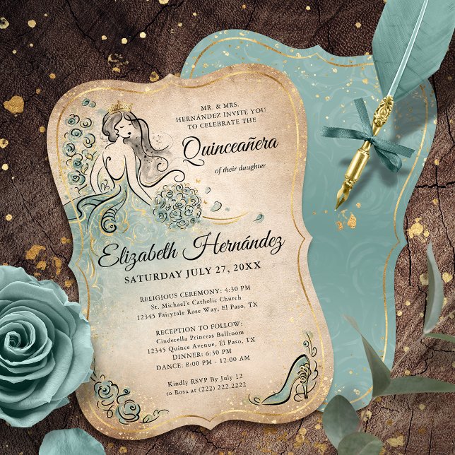 Invitación Teal Light Sage Seafoam Gold Princess Birthday (Unique seafoam sage green gold princess birthday invitations that will bring your fairytale to life!)