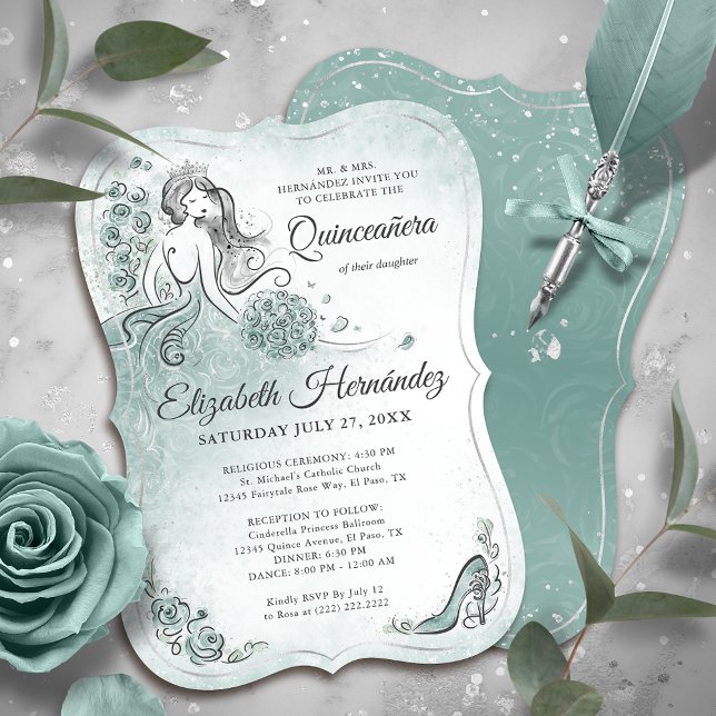 Invitación Teal Light Sage Seafoam Princess Quince Birthday (Unique princess quinceanera invitations in soft shades of teal, light sage, and seafoam green.)