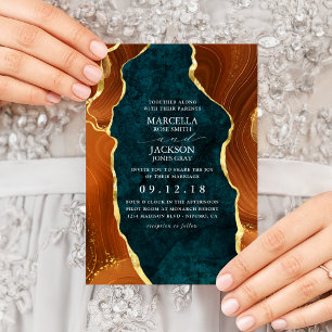 Invitación Teal Marble, Burnt Orange & Gold Agate