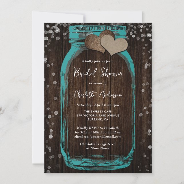 Invitación Teal Mason Jar Wood Rustic Bridal Shower (Anverso)