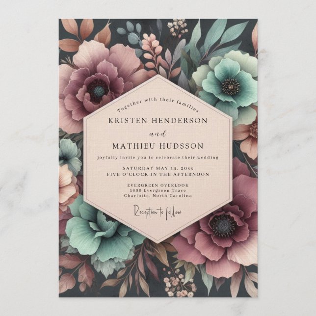 Invitación Teal & Mauve Moody Bloom Wedding (Anverso)
