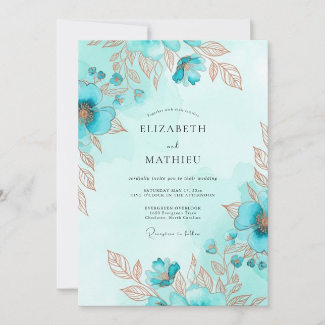Invitación Teal Metallic Watercolor Coastal Wedding (Anverso)