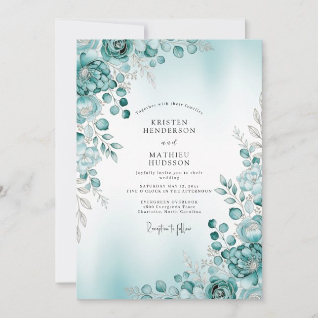 Invitación Teal Misty Botanical Winter Wedding (Anverso)