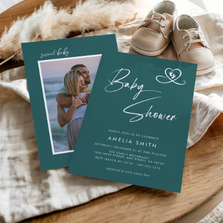 Invitación Teal Modern Script Baby Shower Photo