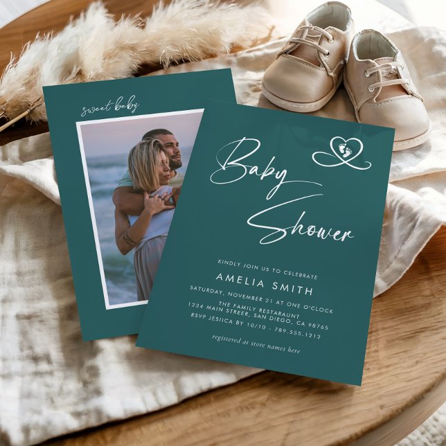 Invitación Teal Modern Script Baby Shower Photo (Subido por el creador)
