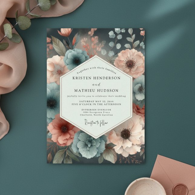Invitación Teal Moody Bloom Romance Wedding (Subido por el creador)