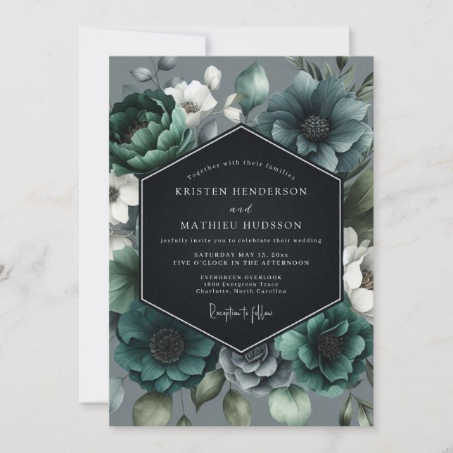 Invitación Teal Moody Bloom Wedding (Anverso)