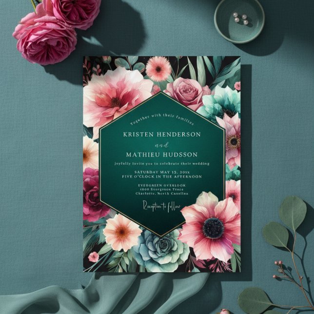 Invitación Teal Moody Floral Elegance Wedding (Subido por el creador)
