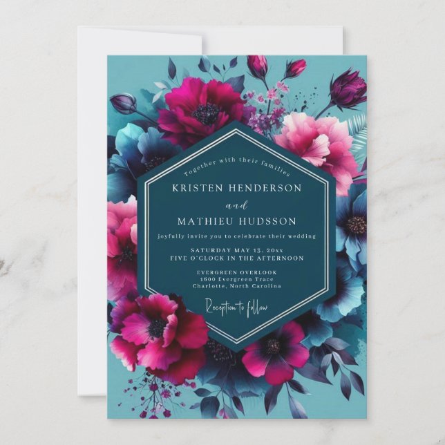 Invitación Teal Moody Floral Opulence Wedding (Anverso)