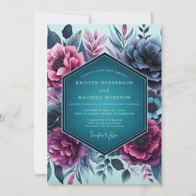 Invitación Teal Moody Floral Romance Wedding (Anverso)