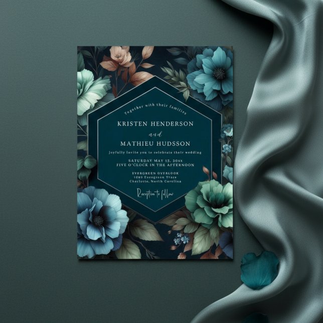 Invitación Teal Moody Floral Romance Wedding (Subido por el creador)
