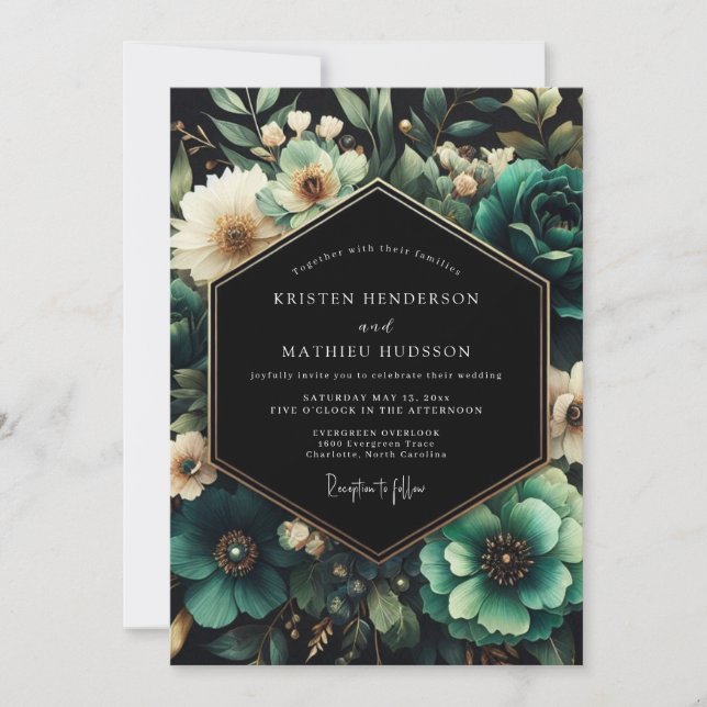 Invitación Teal Moody Floral Wedding (Anverso)