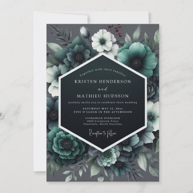 Invitación Teal Noir Anemone Wedding (Anverso)