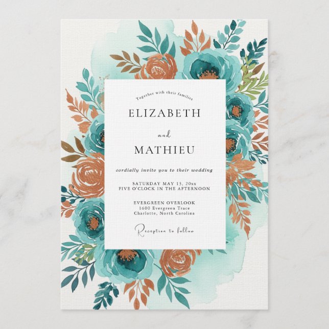 Invitación Teal Orange Painterly Bloom Wedding (Anverso)