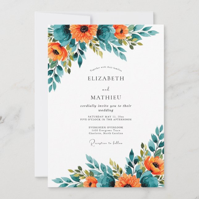 Invitación Teal Orange Spectacular Summer Wedding (Anverso)
