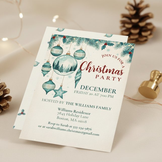Invitación  Teal Ornament Christmas Party Invitation Art (Calm Winter Theme)