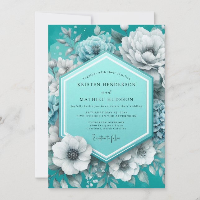 Invitación Teal Painterly Anemone Wedding (Anverso)