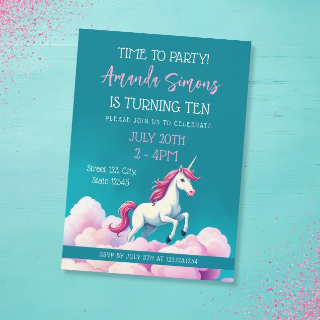 Invitación Teal Pastel Clouds Unicorn Girl 10th Birthday (Subido por el creador)