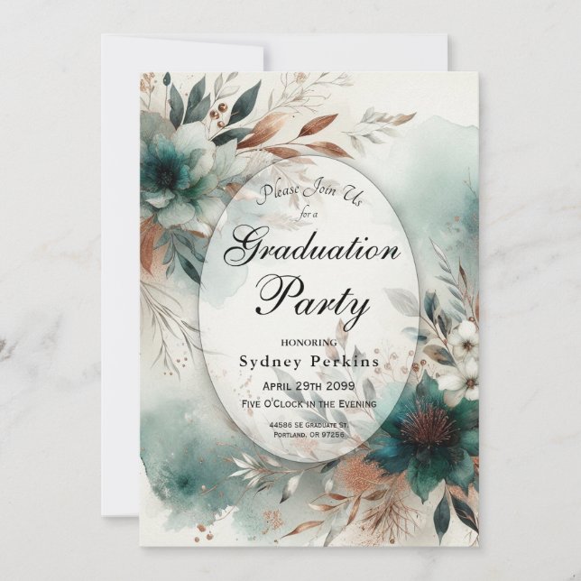 Invitación Teal Petals in Bronze Bloom Graduation Party (Anverso)