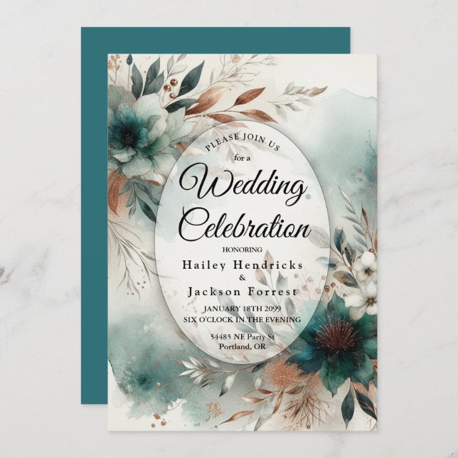 Invitación Teal Petals in Bronze Bloom Wedding (Anverso / Reverso)