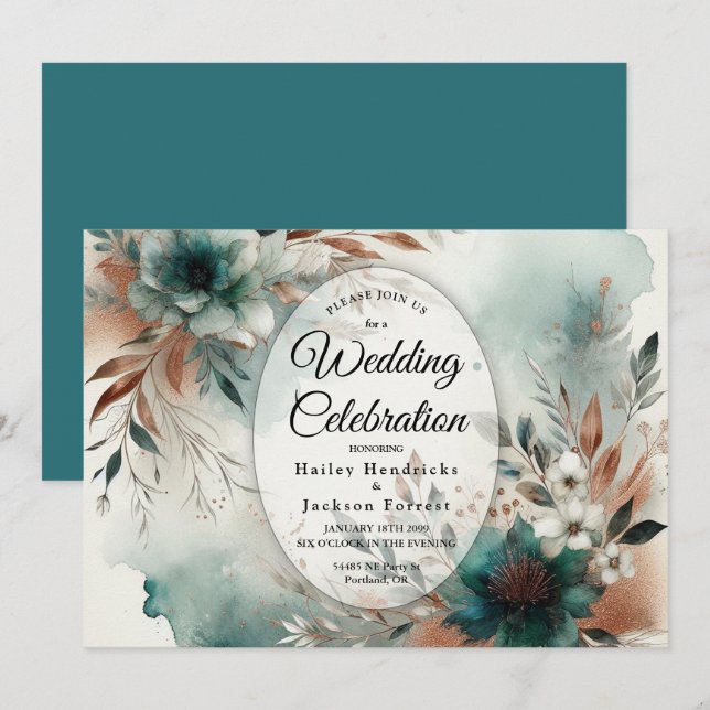 Invitación Teal Petals in Bronze Bloom Wedding (Anverso / Reverso)