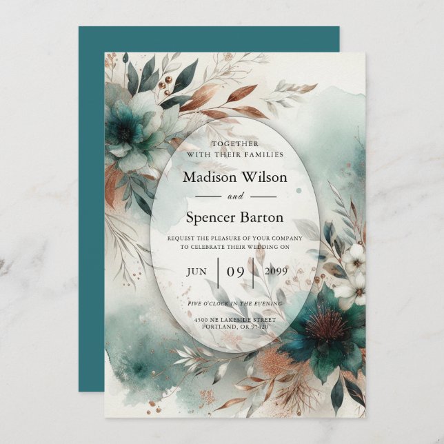 Invitación Teal Petals in Bronze Bloom Wedding (Anverso / Reverso)