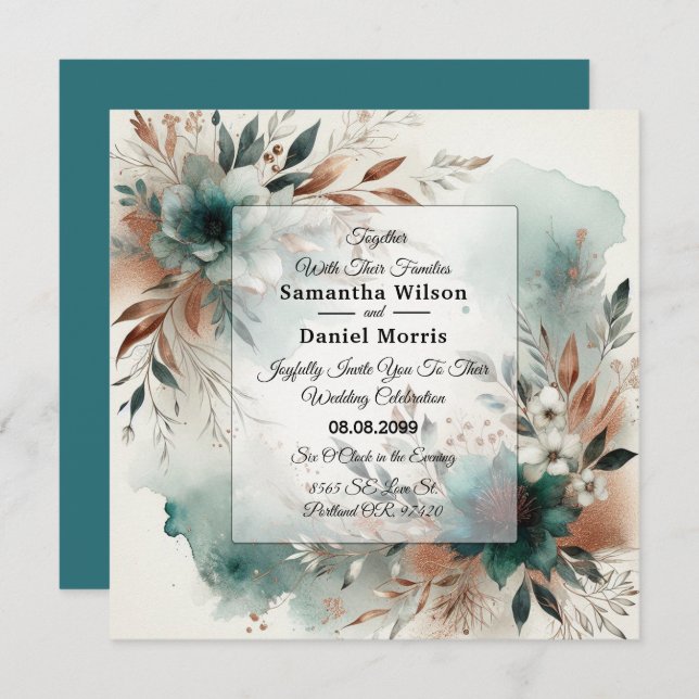 Invitación Teal Petals in Bronze Bloom Wedding (Anverso / Reverso)
