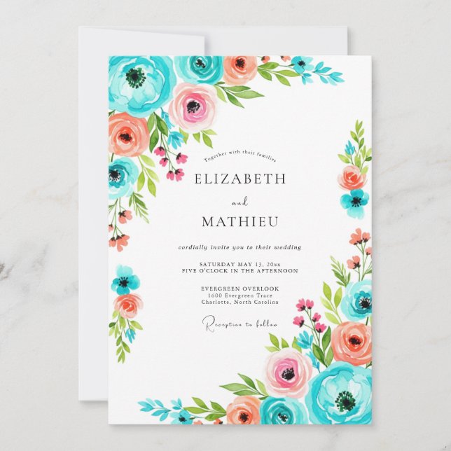 Invitación Teal Pink Floral Romance Wedding (Anverso)