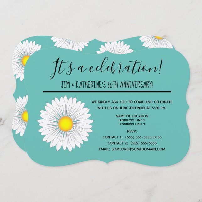 Invitación Teal Pretty Little Daisy 50 Aniversario de Bodas (Anverso / Reverso)