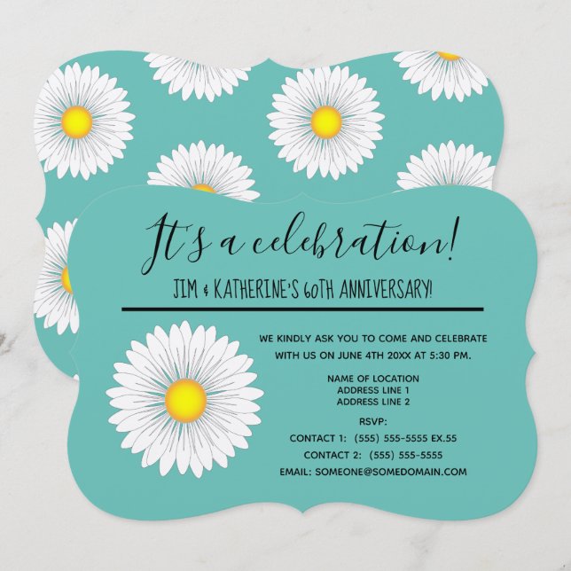 Invitación Teal Pretty Little Daisy 60º Aniversario de Boda (Anverso / Reverso)