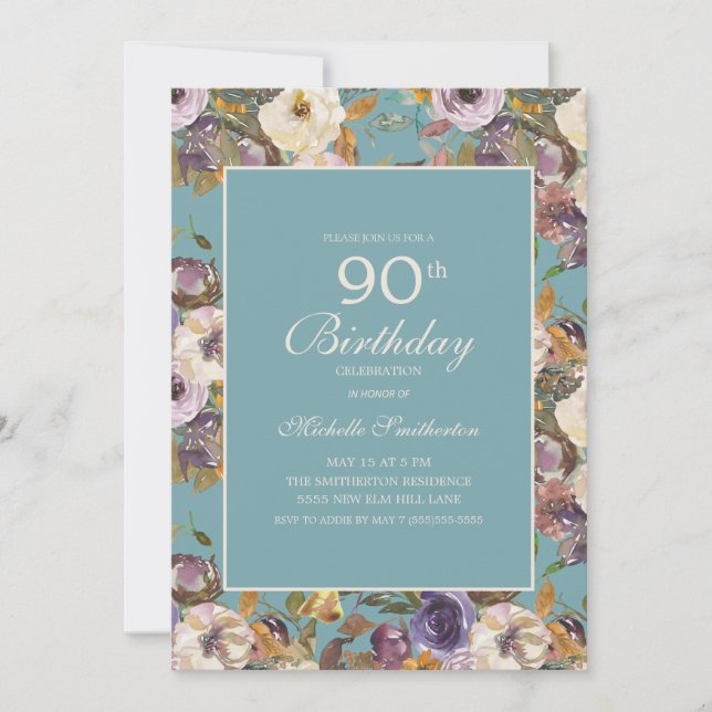 Invitación Teal Purple Mustard Ivory Floral 90th Birthday (Anverso)