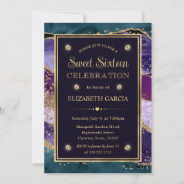 Invitación Teal, púrpura y dorado agata con brillo Sweet Sixt