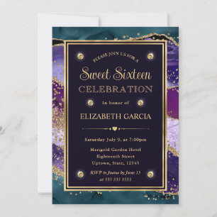 Invitación Teal, púrpura y dorado agata con brillo Sweet Sixt