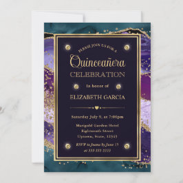 Invitación Teal, púrpura y dorado Agate Quinceañera brillo
