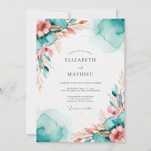 Invitación Teal Resplendent Watercolor Wedding (Anverso)
