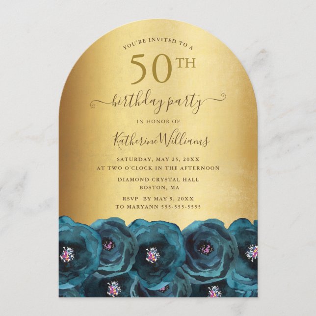Invitación Teal Rose Floral Gold 50th Birthday Party (Anverso)