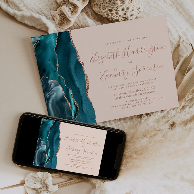 Invitación Teal Rose Gold Agate Blush Horizontal Wedding (Subido por el creador)