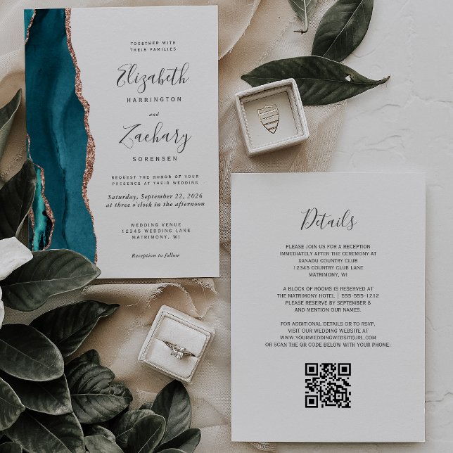 Invitación Teal Rose Gold Agate QR Code Wedding Invitation (Subido por el creador)