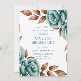 Invitación Teal Roses and Bronze Leaves Bridesmaids Luncheon