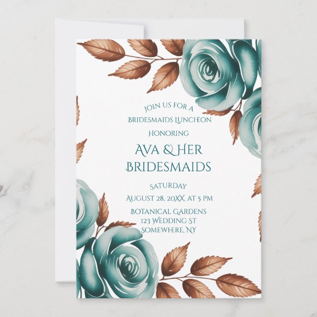 Invitación Teal Roses and Bronze Leaves Bridesmaids Luncheon (Anverso)